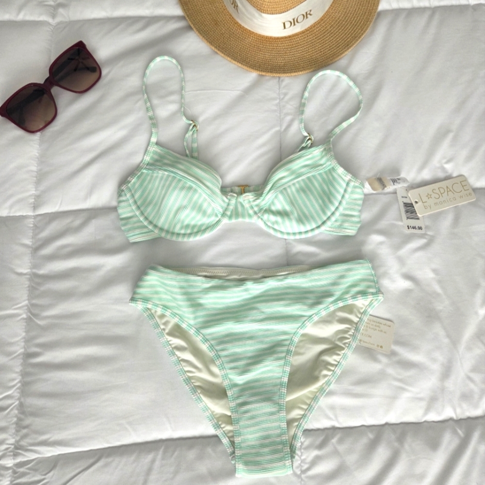 L*Space Mint Green Striped Bikini Set SMALL